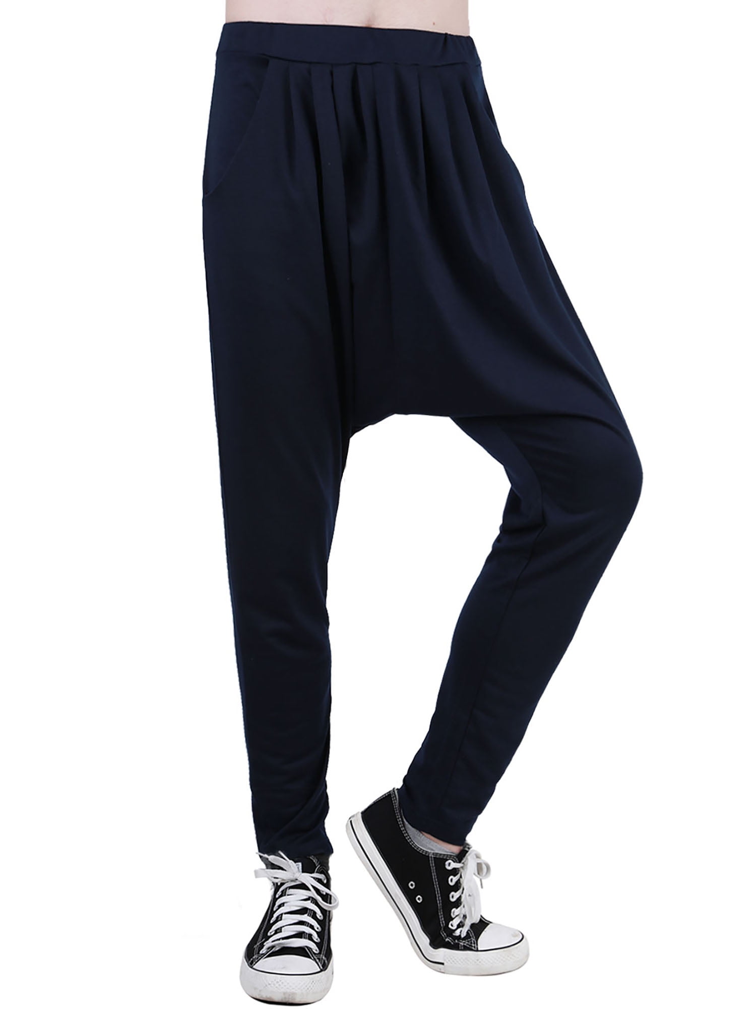 Unique Bargains Men's Elastic Waist Slant Pockets Tapered Leg Baggy Harem Pants