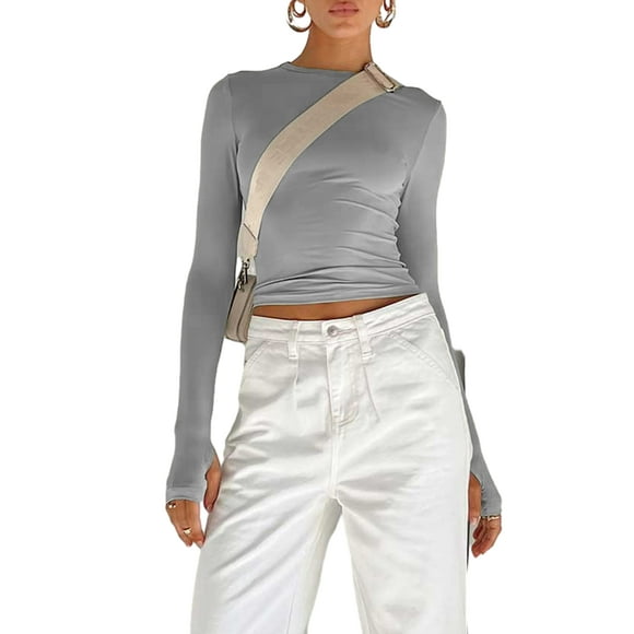Argulvti Women's Slim Fit Crop Tops Polyester Long Sleeve Crew Neck Solid Color T-Shirts Blouses with Thumb Holes
