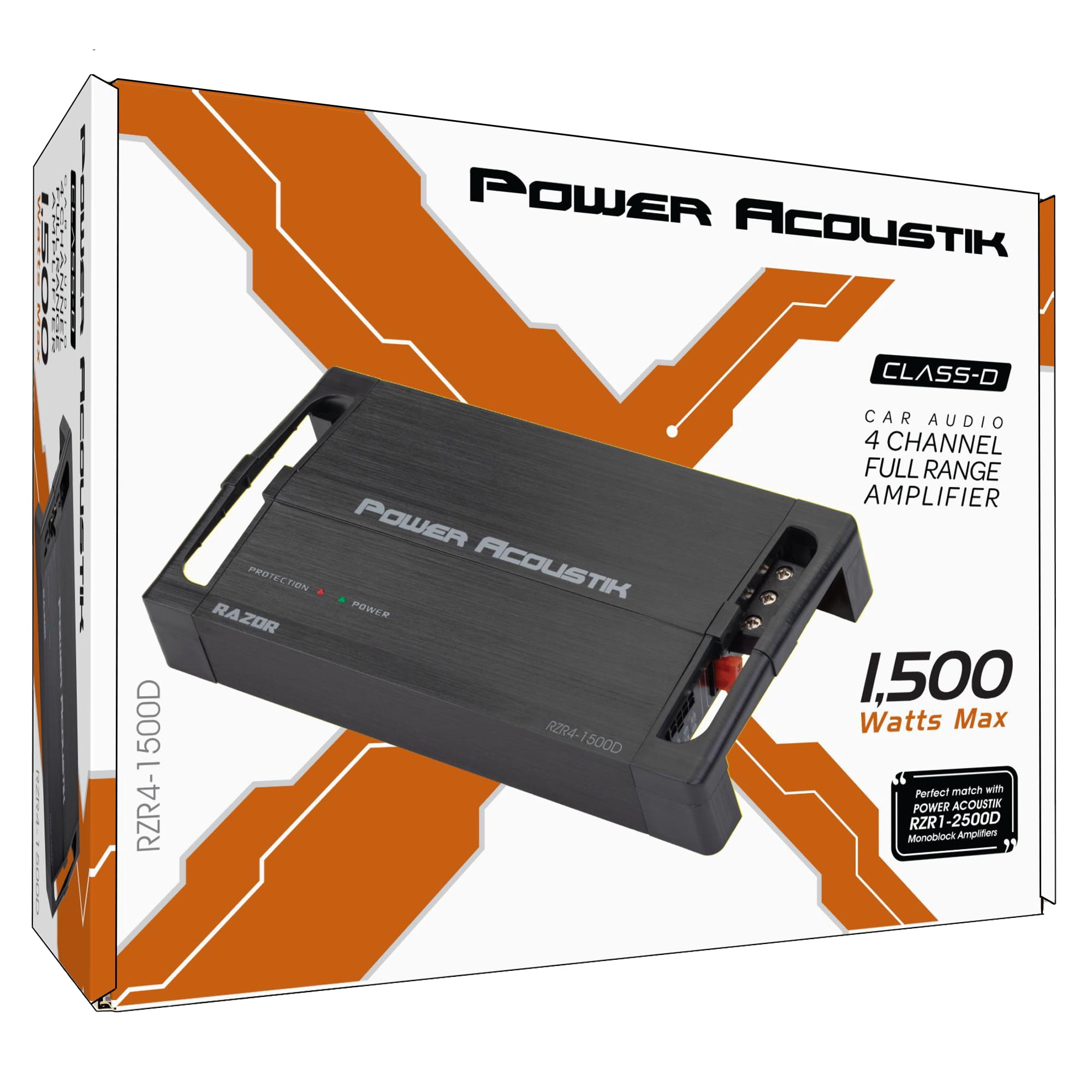 Power Acoustik RZR4-1500D 4-Channel Amplifier, Class D Full Range Amp, 1500W Max with SMT Circuitry (New)