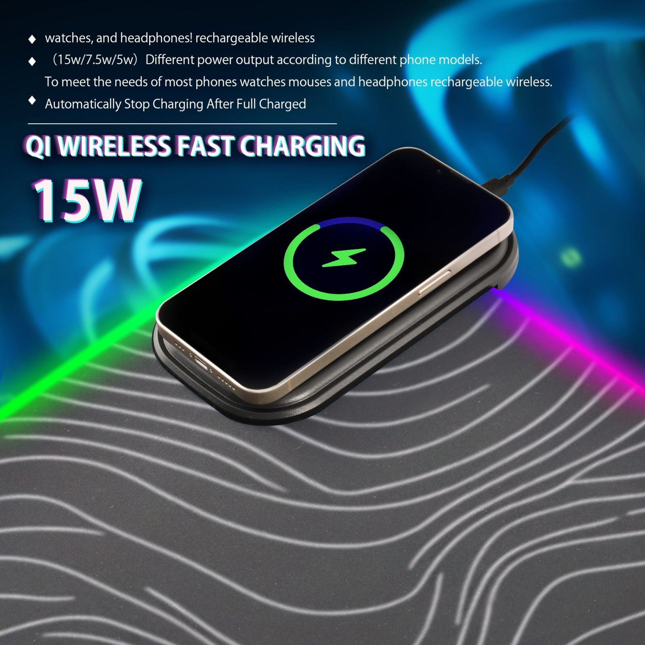 Wireless Charging Mouse Pad Large RGB Gaming Desk Mat 13 Light Modes Mousepad 31.5x11.8 Topographic Line