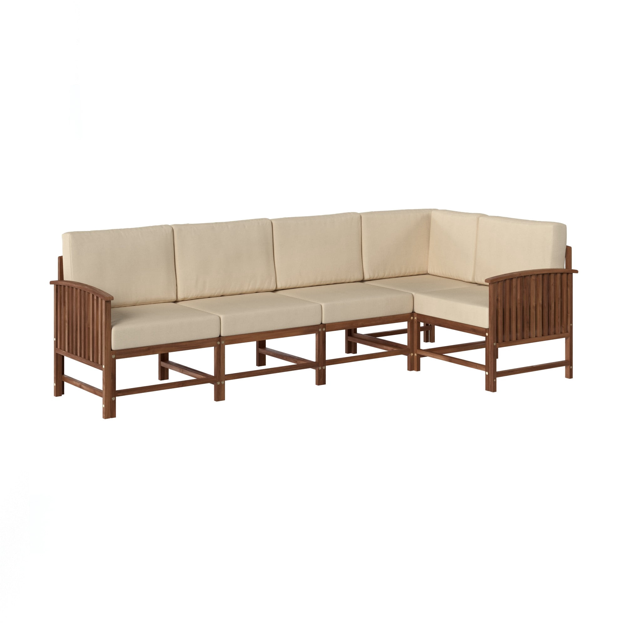 Walker Edison Modern Slatted Solid Wood 5-Piece Outdoor Sectional Set, Dark Brown