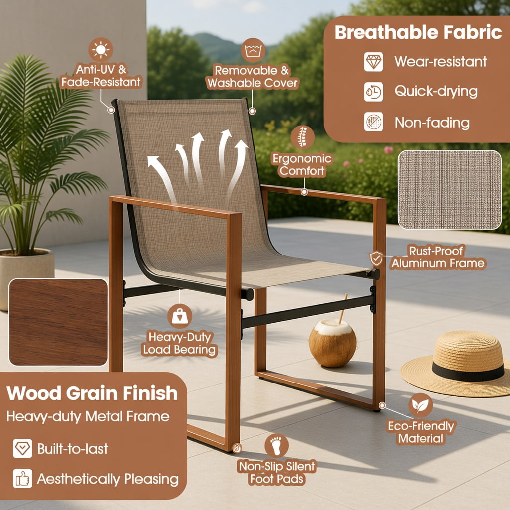 Hommoo 2-Pack Outdoor Patio Dining Chairs, Breathable Fabric Seat & Back, Rust-Resistant Wood-Grain Armrests, Heavy-Duty Metal Frame, Brown