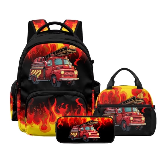 Xoenoiee Cartoon Fire Engine Print Backpack for Boys Kids Backpack with Lunch Box and Cute Pencil Case 3PCS Set Bookbag with Front Pocket, 17 inch Large School Bag for Elementary Preschool