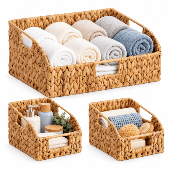 StorageWorks Wicker Storage Baskets for Shelves, Handwoven Water Hyacinth Pantry Organizers with Handles, Set of 3