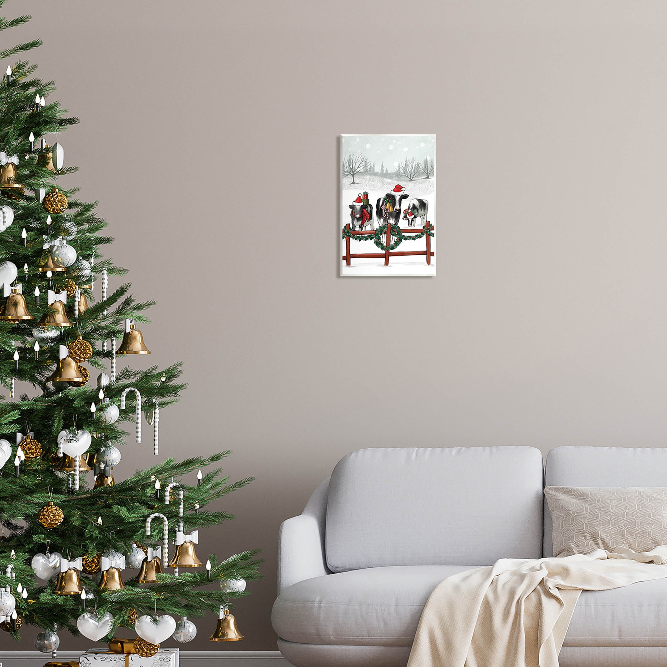 Holiday Cows Farmland Fence Holiday Graphic Art Unframed Art Print Wall Art