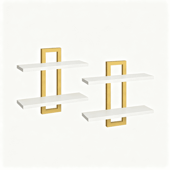 LQSEO Floating Shelves,15" Wall Shelf Set of 2,Wall Mounted Storage Shelves 2-Tier,Hanging Bathroom Shelves,For Living Room,Bedroom,Bathroom,Kitchen,White and Gold