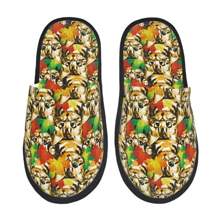 Balery Kittens With Maple Leaves Slient Indoor Furry Fleece Comfort House Shoes Soft Non-Slip Home Shoes Cotton slippers House Slippers-- Medium