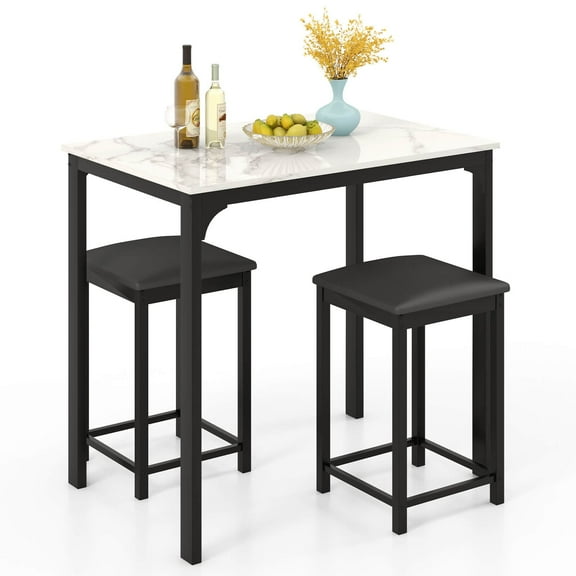 ZOPan 3PCS Counter Height Dining Set Faux Marble Table 2 Chairs Kitchen Bar Furniture