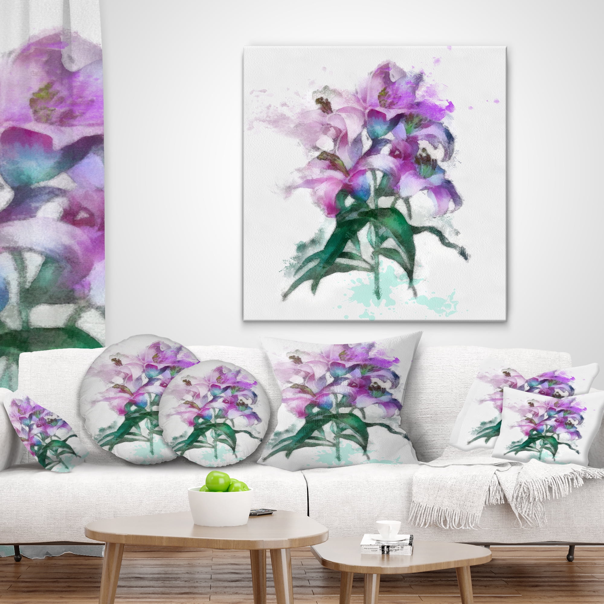 Designart Purple Lilies Illustration Drawing - Floral Throw Pillow - 12x20