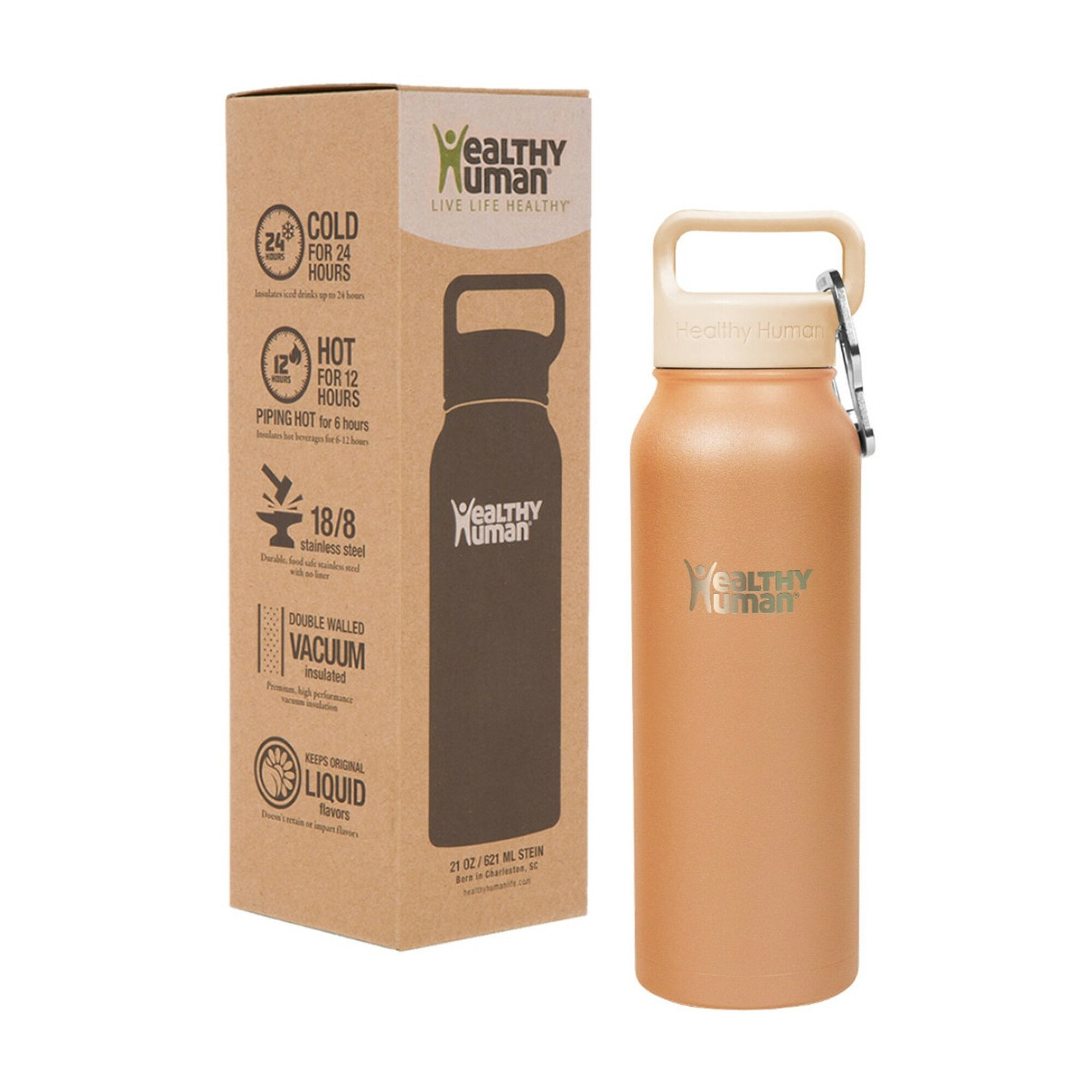 Healthy Human Stainless Steel Water Bottle | Double Walled Vacuum Insulated Water Thermos for Adults | Eco-Friendly Travel Bottles with Leak Proof Lid (Mocha, 21 oz/ 621 ML)
