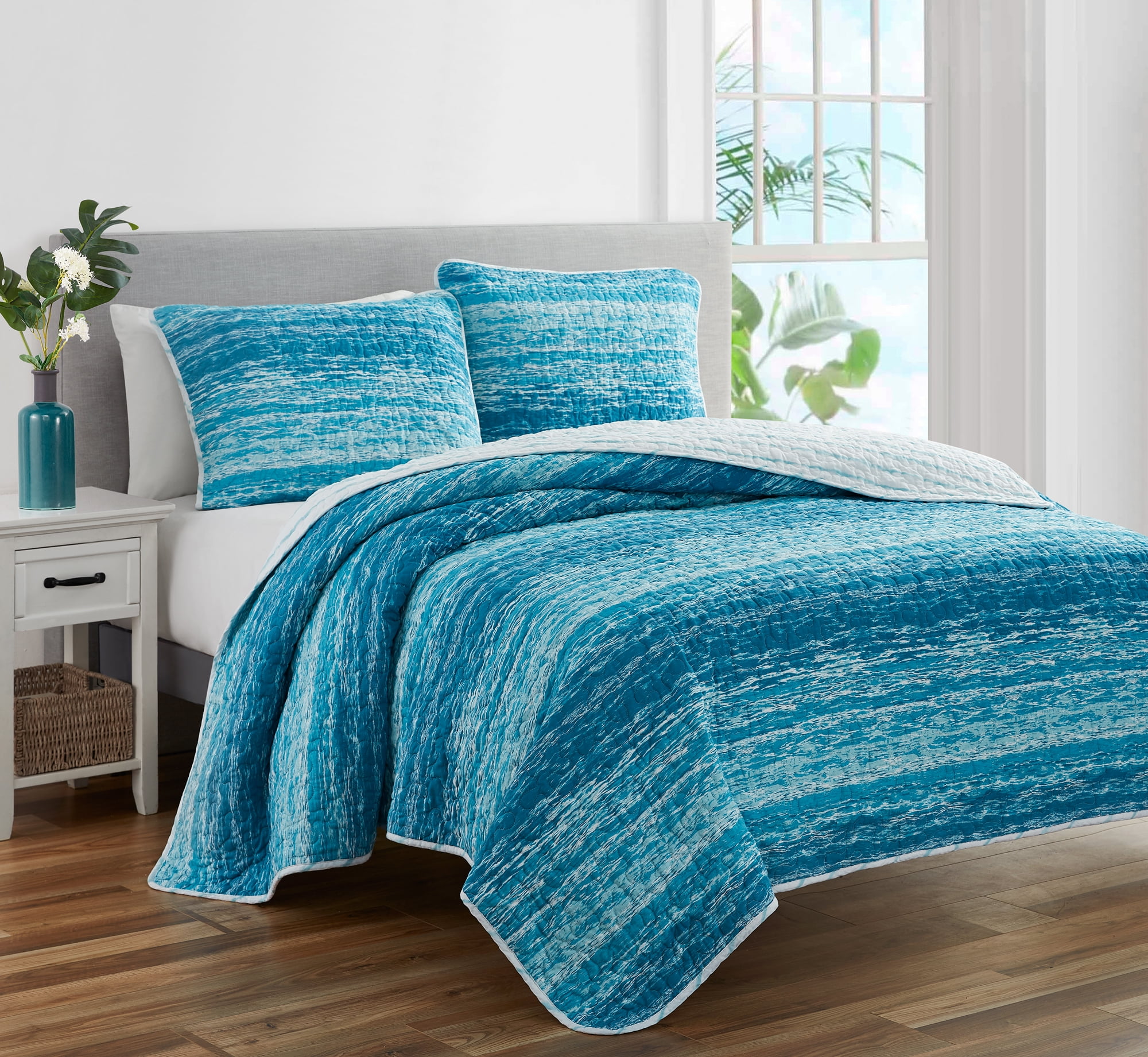 Cedar Court Cotton Ocean Stripe Blue, 3Piece Quilt Set, King Walmart