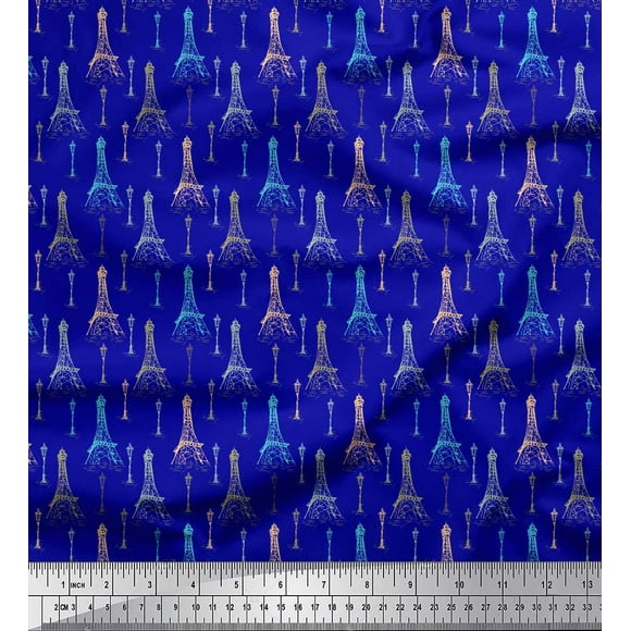 Soimoi Blue Rayon Fabric street lamp & Eiffel Tower Architectural Print Fabric by the Yard 56 Inch Wide