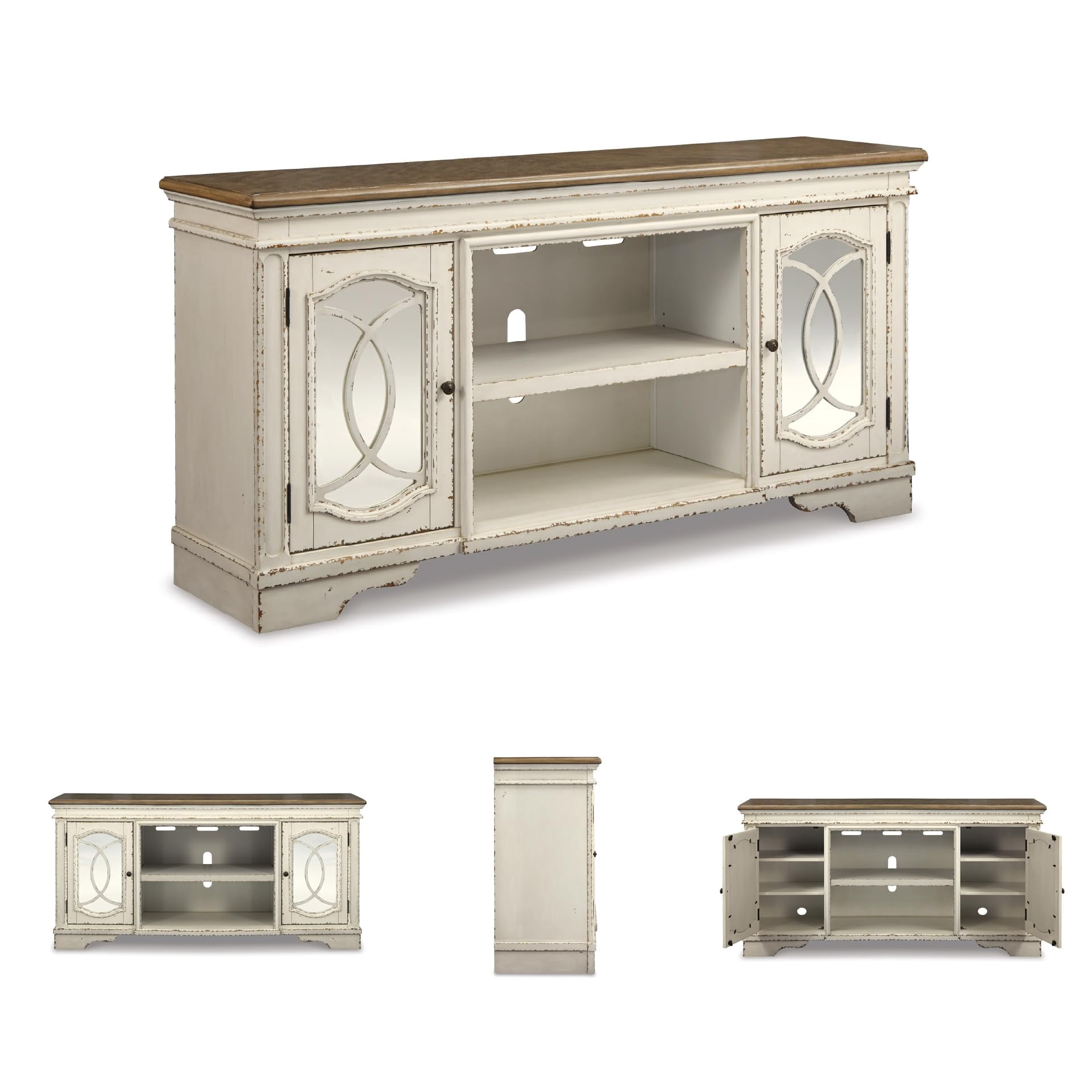 Signature Design by Ashley Realyn 74" TV Stand in Chipped White and Brown