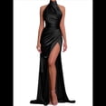 thumbnail image 3 of Vestido de Dama de con Cuello Halter y Abertura, Vestido de Fiesta de Satén, Vestido de Noche Formal de Sirena Plisado Negro S, 3 of 7