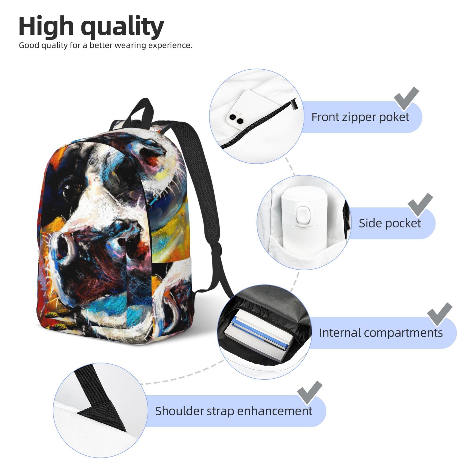 Ratiio Cow Print Canvas Backpack for Women & Men Retro Aesthetic Rucksack Basic Backpack for High School/College Students Travel Laptop Bag