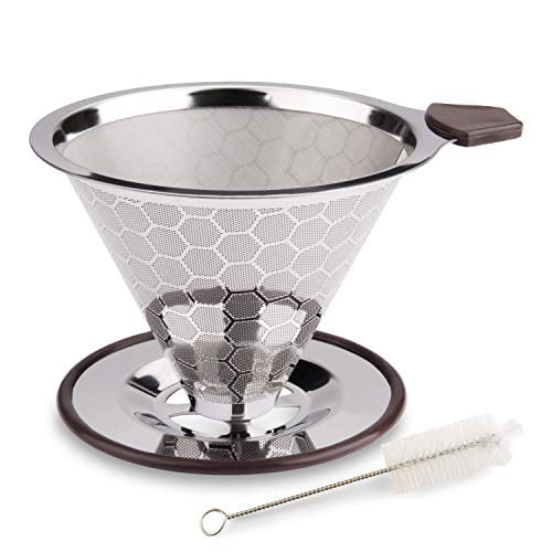 Reusable Coffee Filter Stainless Steel Mesh Pour Over Coffee Paperless Dripper Cone with Removable Cup Stand 1-4 Cups 