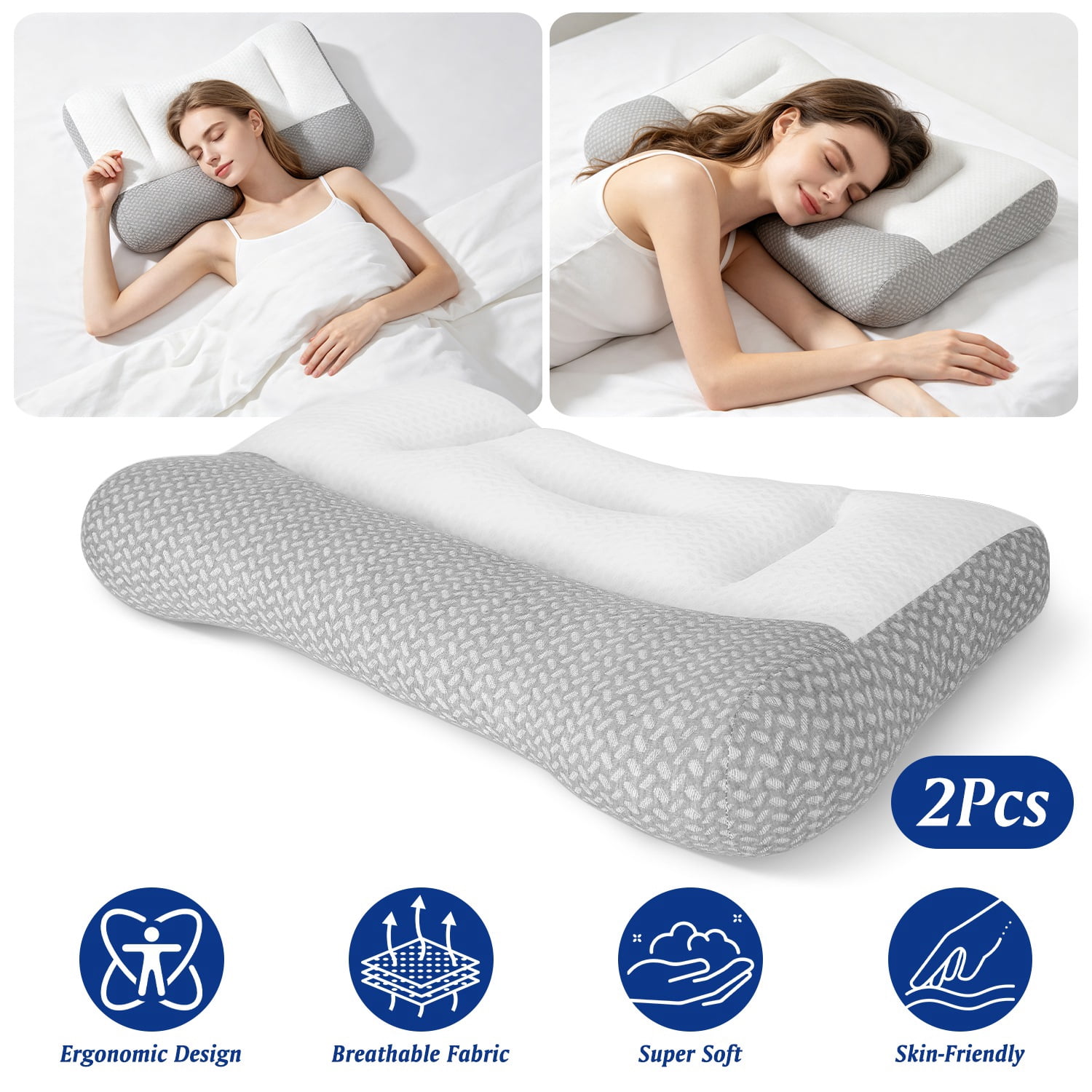 2 PCS Dual Zone Support Bed Pillow, Ergonomic Pillow with Ear Cutout for Side Sleepers, Breathable Mesh Cover, Down Alternative Fiber Filling for Home Bedroom Use