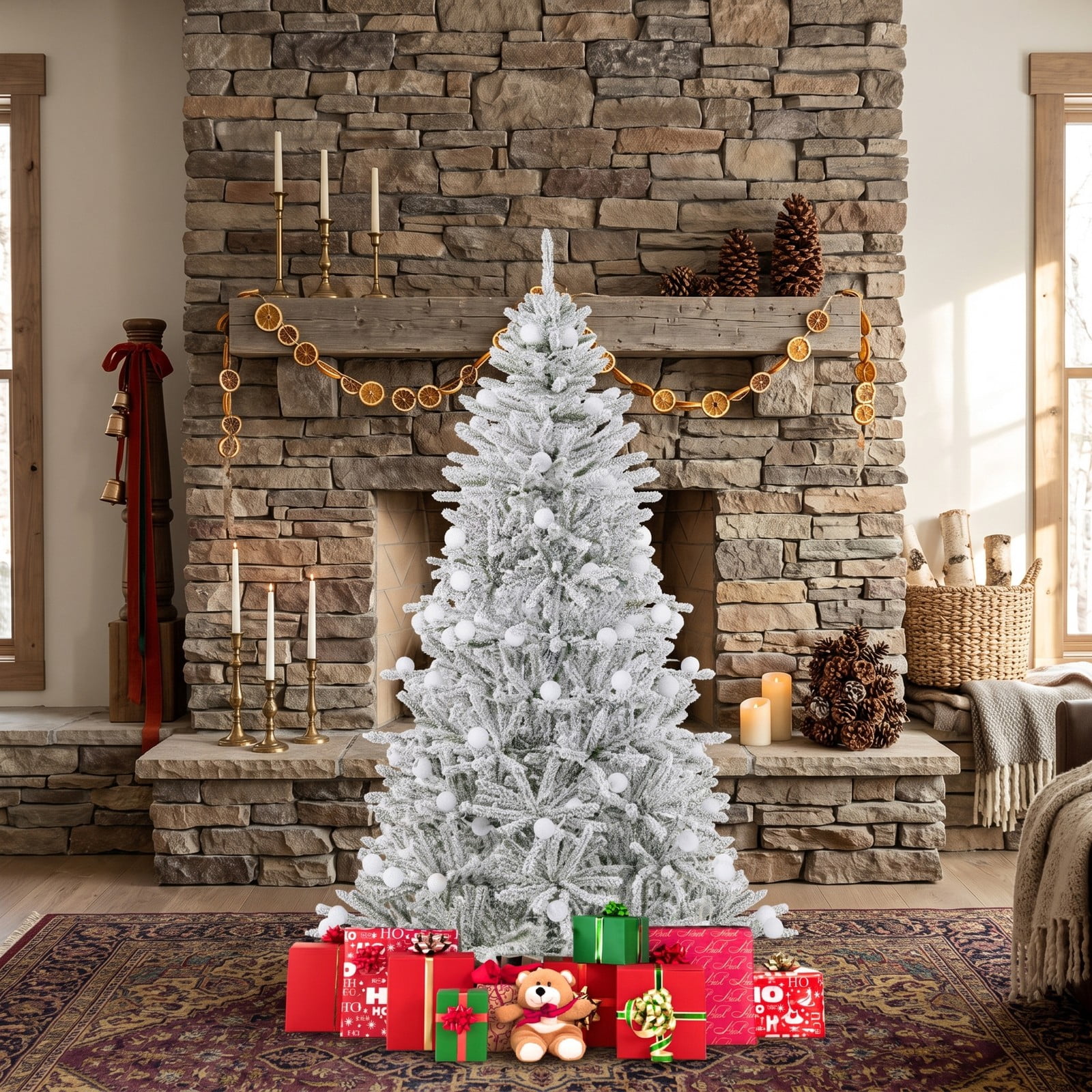 RUIE 6 Feet Pre-lit Snow-Flocked Artificial Christmas Tree, Hinged Xmas Tree with 250 Warm White LED Lights, 51 Sphere Lights, Remote and Timer for, Green & White