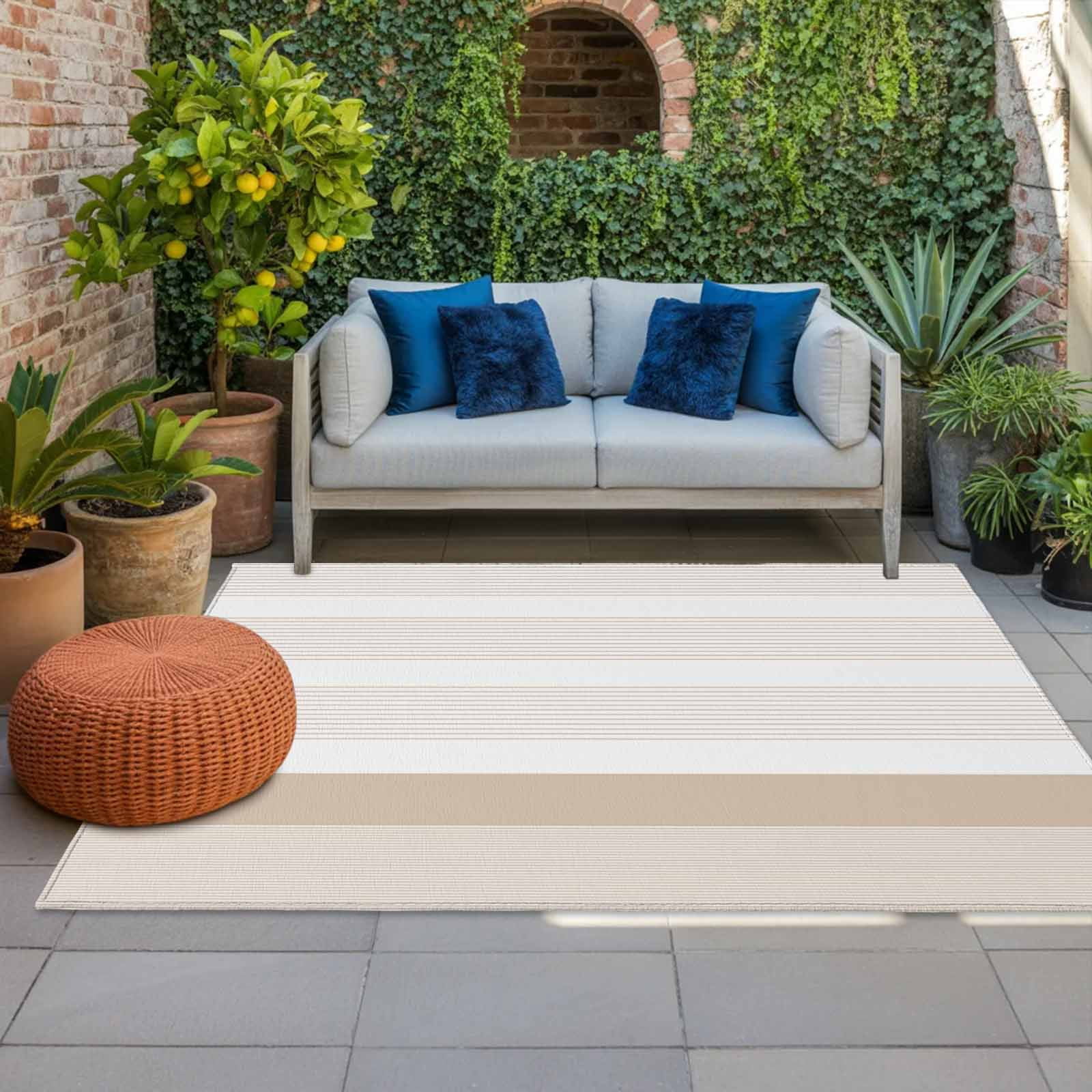 5' x 7' Outdoor Rug, Brown Stripe Outdoor Washable Rug Large Floor Carpet, Modern Rustic Horizontal Brown Striped Non Shedding Area Rug for Outside Patio RV Porch Deck Balcony Camping Living Room