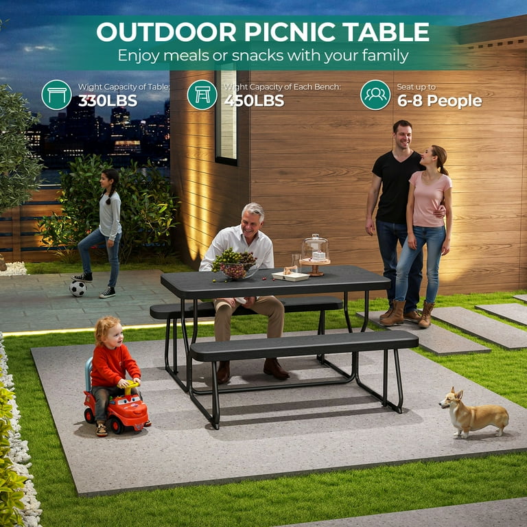Fenbeli Black Outdoor Picnic Table and Bench Set, Weather