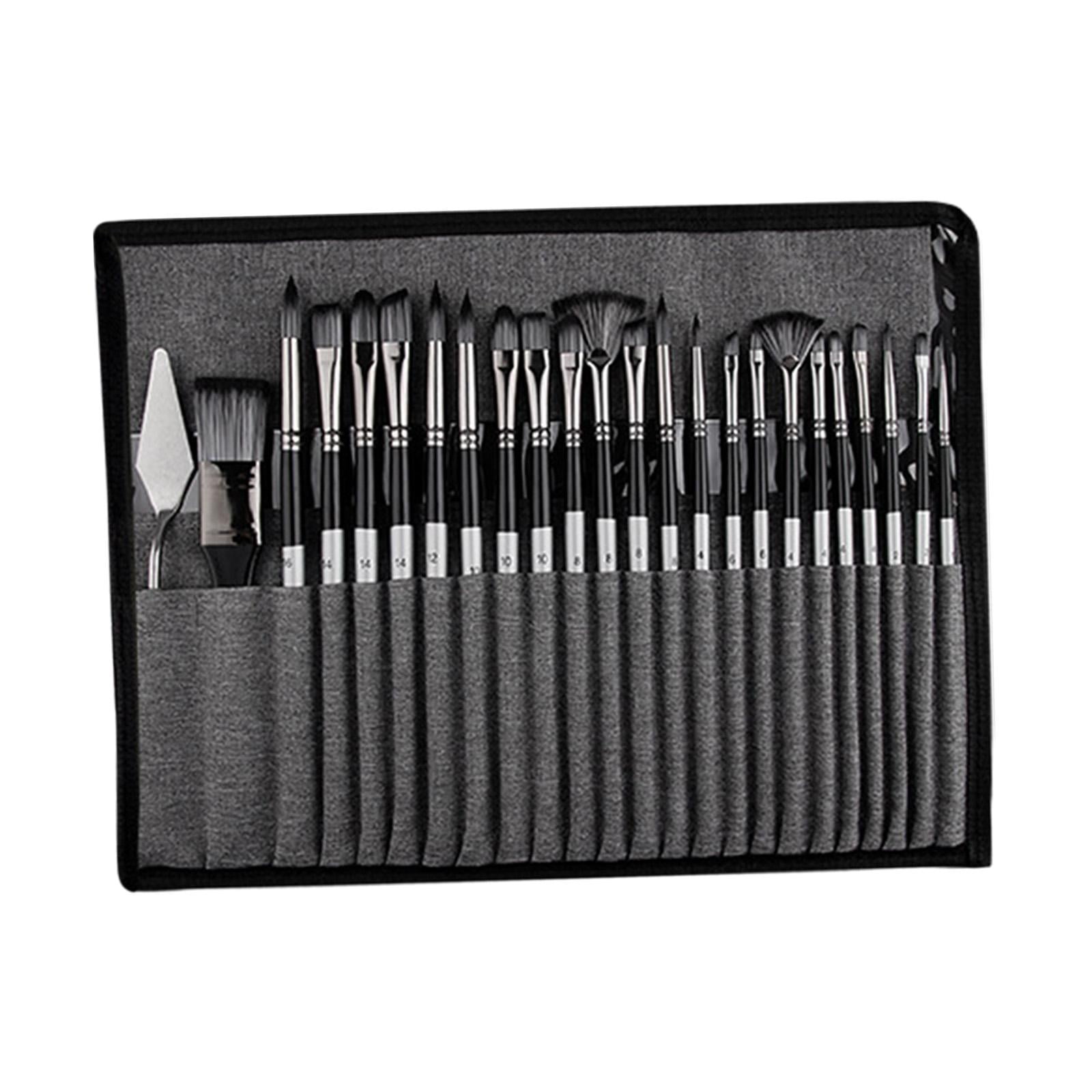 25Pcs Paint Brush Set Painting Brushes Professional Easy Cleaning Wood Handle Smooth Drawing Nylon Hair Paintbrushes with Storage Bag Gray