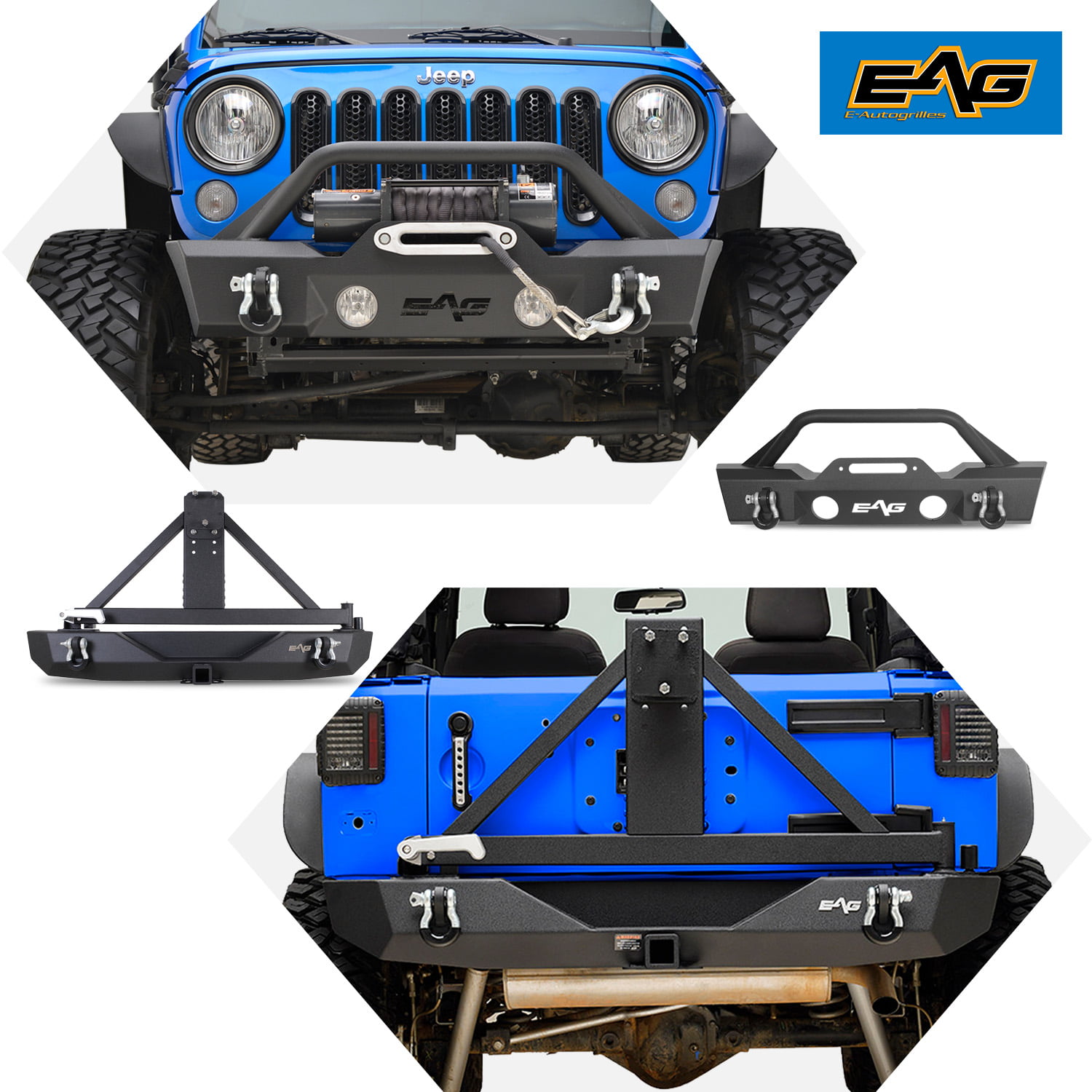 Different Trail Front Bumper w/Winch Plate & Rear Bumper w/Tire Carrier & Hitch Receiver for 07-18 Jeep Wrangler JK Jeep Wrangler JK Bumpers Front and Rear Combo
