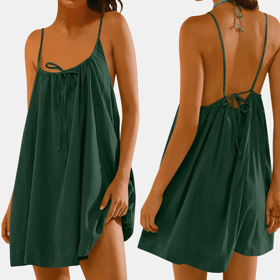 Amzcrzy Backless Cami Dress Womens Casual Solid Color Spaghetti Strap Beach Dresses for Women Back Tie Knot Flowy Loose Fit Sleeveless Sundress for Beach Vacation