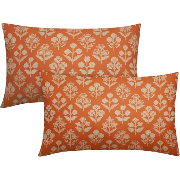 Orange Pillow Covers 12x20 Inch Set of 2, Cream Floral Block Print Pattern Lumbar Decorative Throw Pillowcases Outdoor Farmhouse Rectangle Cushion Covers Spring Summer Sofa Couch Bed Decor