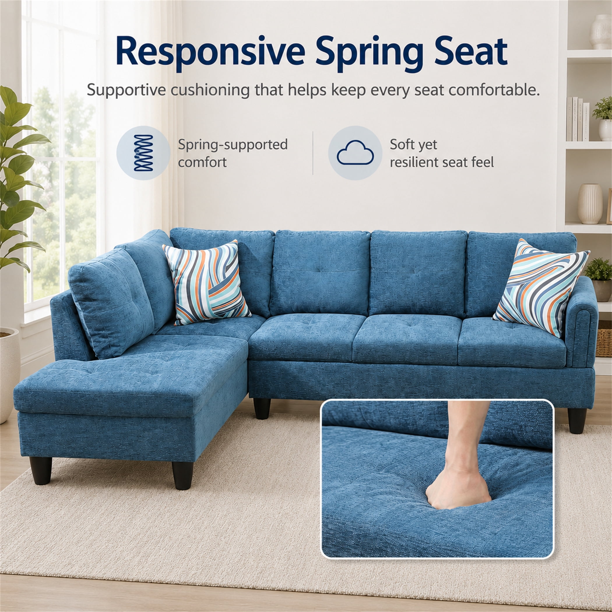 Aukfa 97" Classic Sectional Sofa 4 Seat L shape Couch with Oversized Left Chaise for Living Room, 2Pillows, Linen, Blue