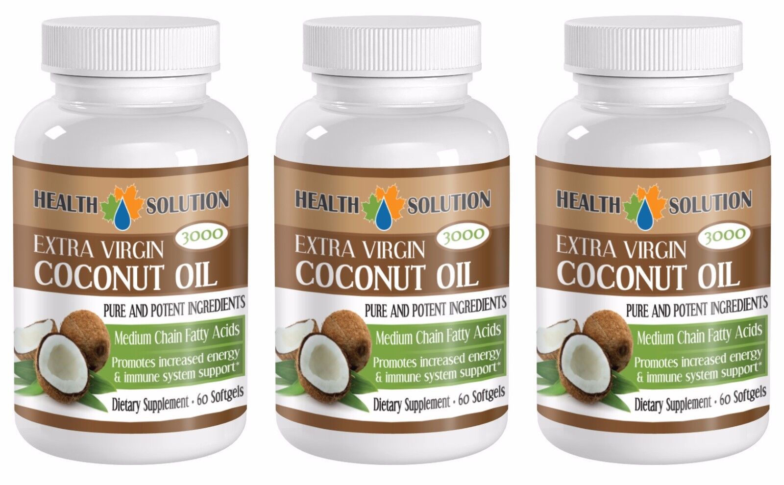 Glowing Hair Coconut Oil Pills Extra Virgin 3000mg 3 Bottles