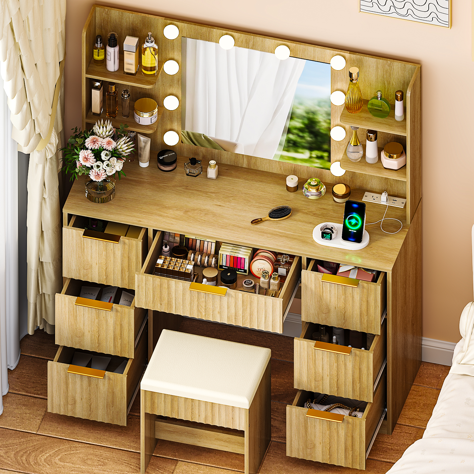 Zimtown Lighted Makeup Vanity Desk with Mirror and Charging Station, Vanity Table with 7 Drawers & 4 Storage Shelves for Dressing Room Bedroom, Oak