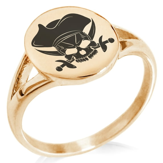 Stainless Steel Pirate Skull & Cross Swords Minimalist Oval Top Polished Statement Signet Ring