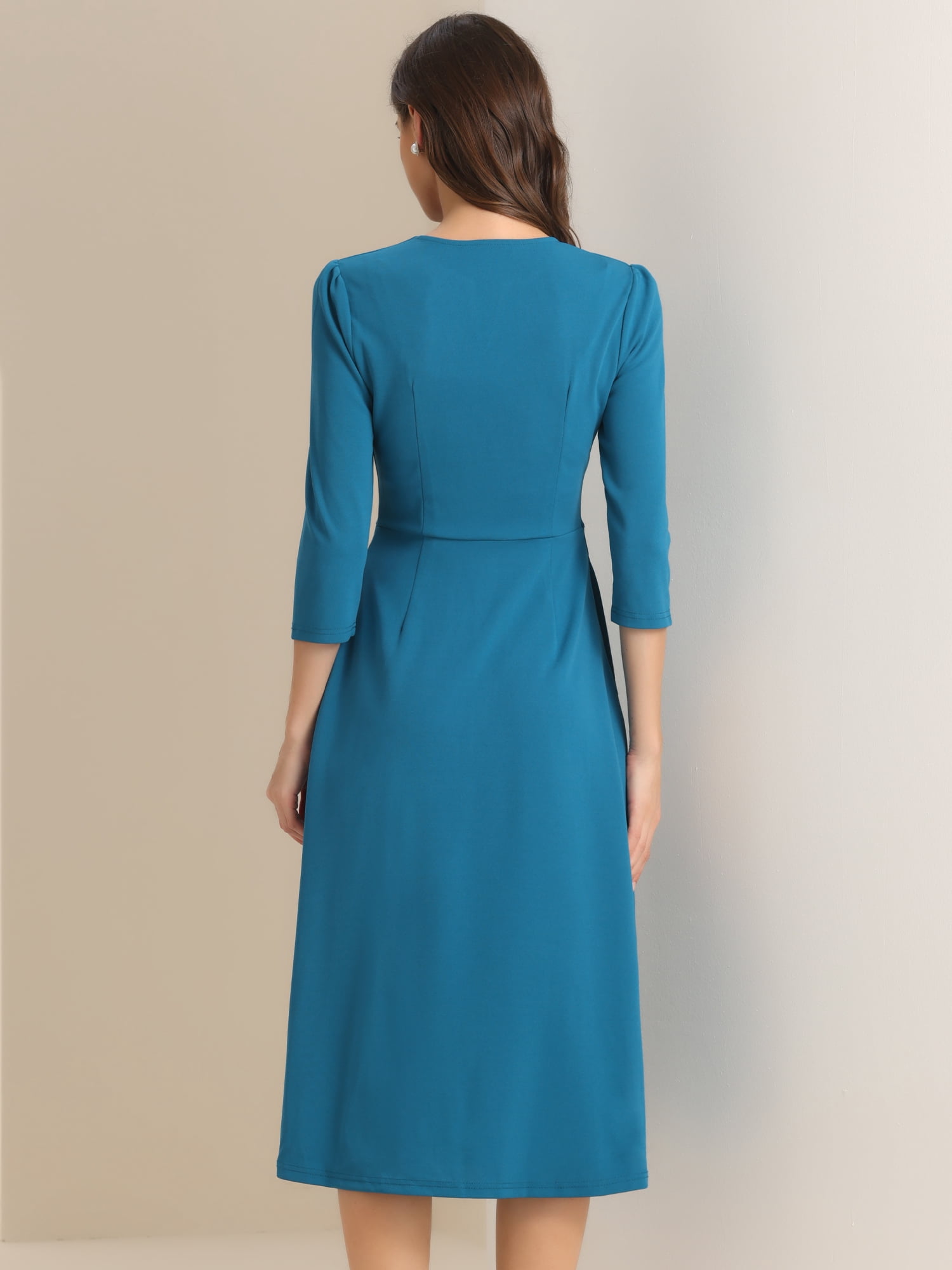 DARING DIVA Work Office Elegant 3/4 Sleeve V Neck A-Line Dress XL Peacock Blue