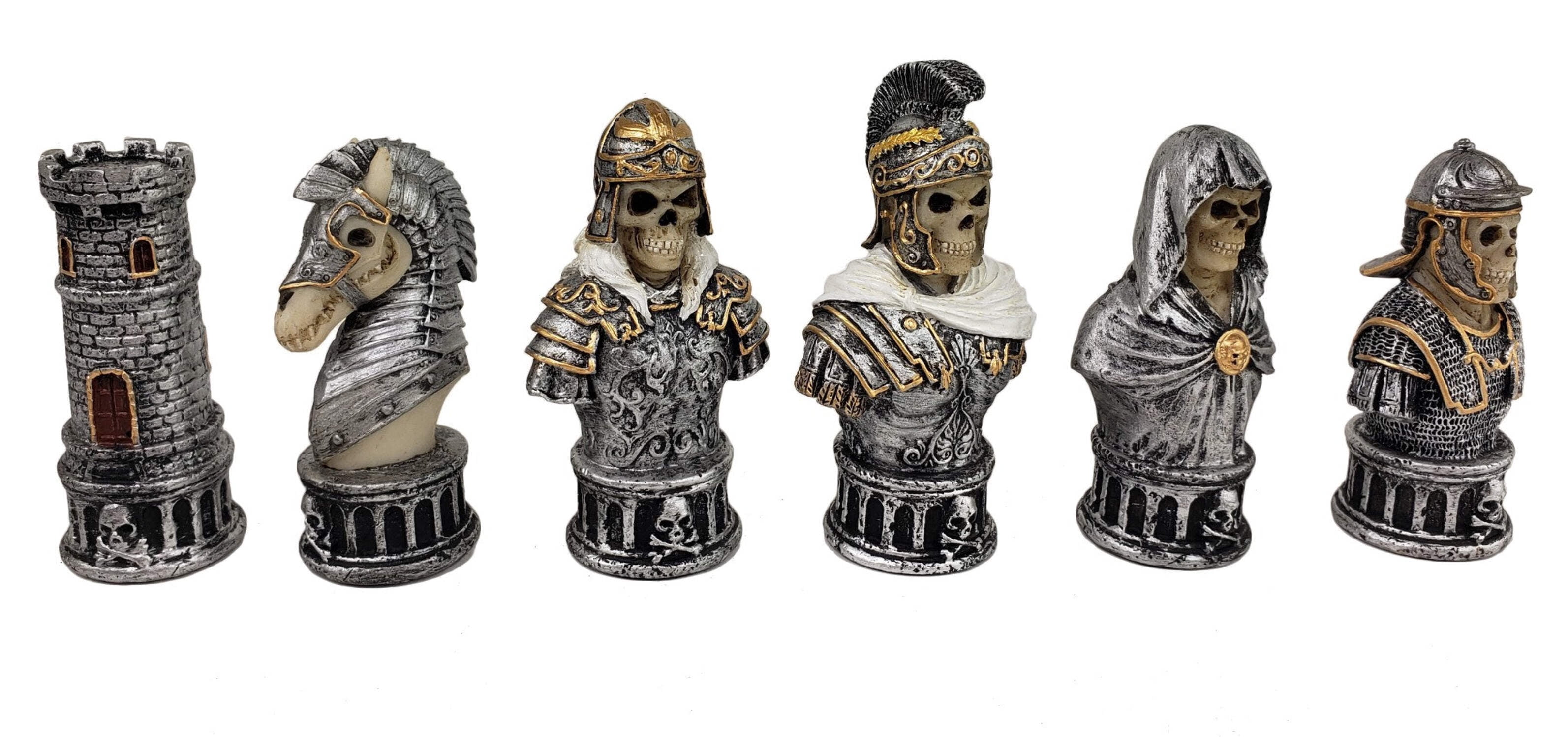 Medieval Times Gothic Skull Busts Chess Set 18" Black  White Faux Leather Board