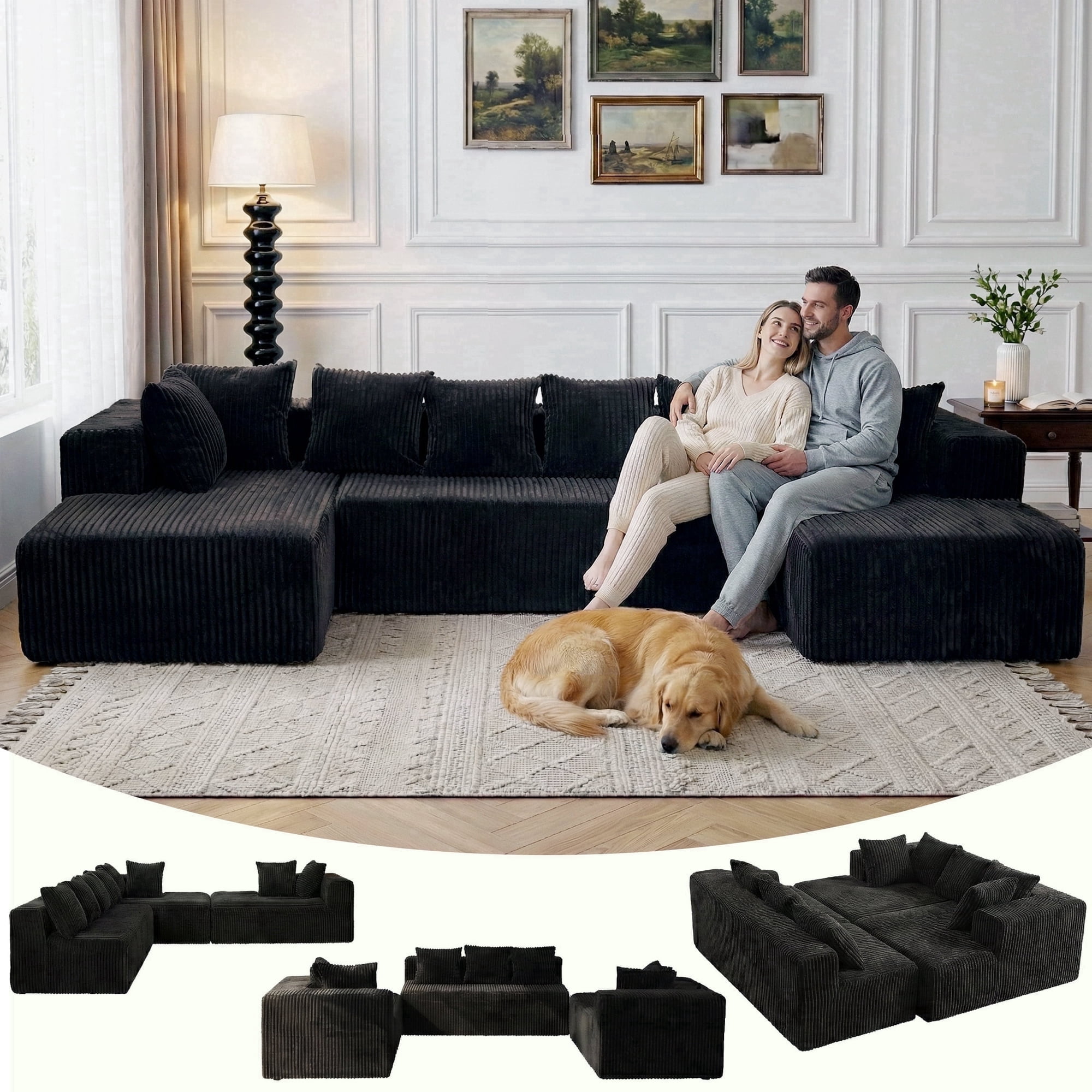 SOULART 130" Black U L-Shaped Modular Sectional Couch, U-Shaped Sofa with Chaise Lounge, Striped Corduroy Upholstered 4-Seater Sofa with Pillow Back and Square Arms