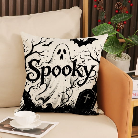 Halloween Throw Pillow Covers 18x18 Inch, Rustic Linen Decorative Square Pillowcases, Farmhouse Holiday Cushion Covers for Couch Sofa Living Room Bedroom Outdoor Home Decor
