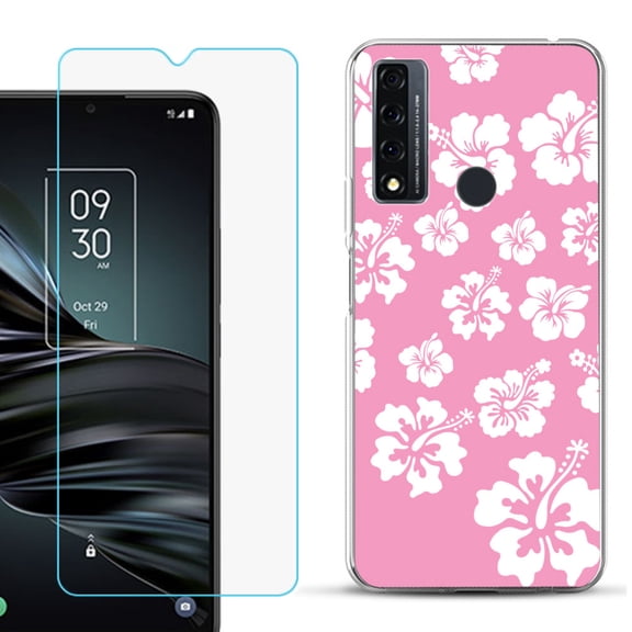 Slim-Fit Fashion Phone Case for TCL 20 XE, with Tempered Glass Screen Protector, by OneToughShield ® - Hibiscus Pink