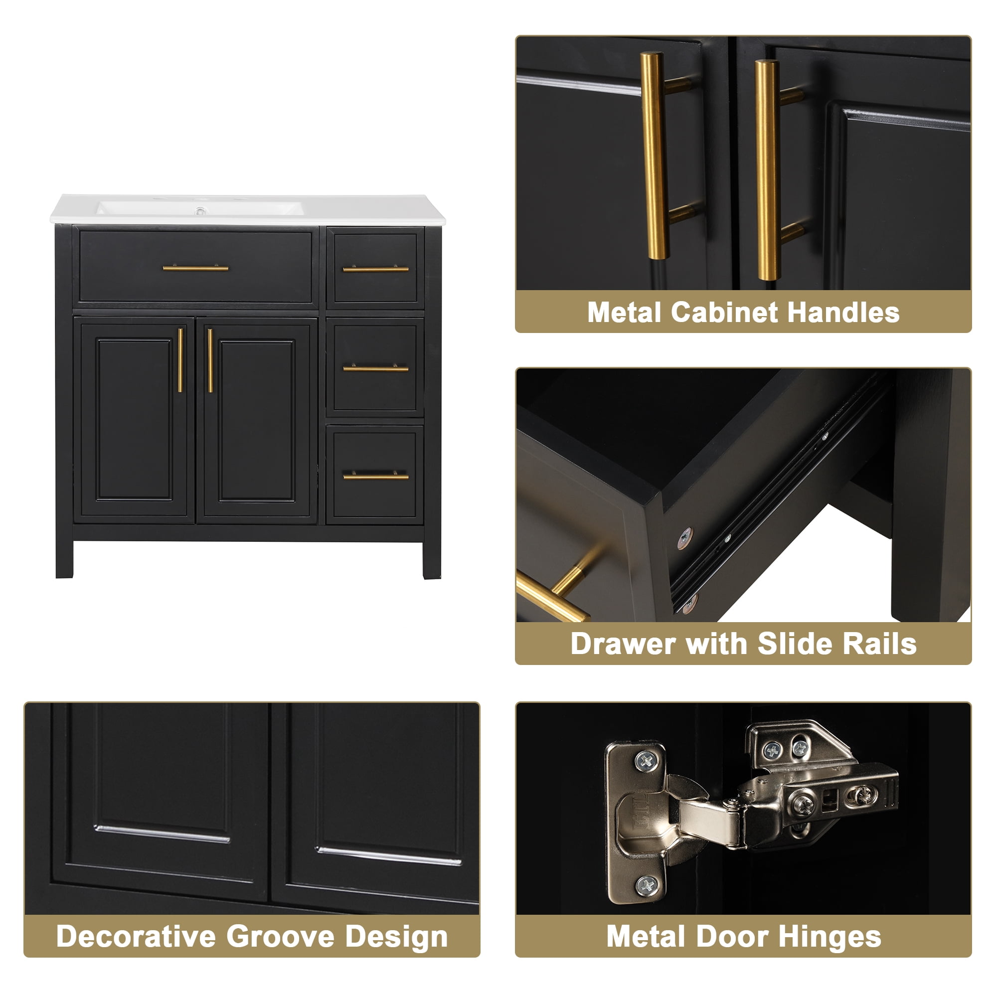 36" Bathroom Vanity with Sink Top, Two Doors and Three Drawers