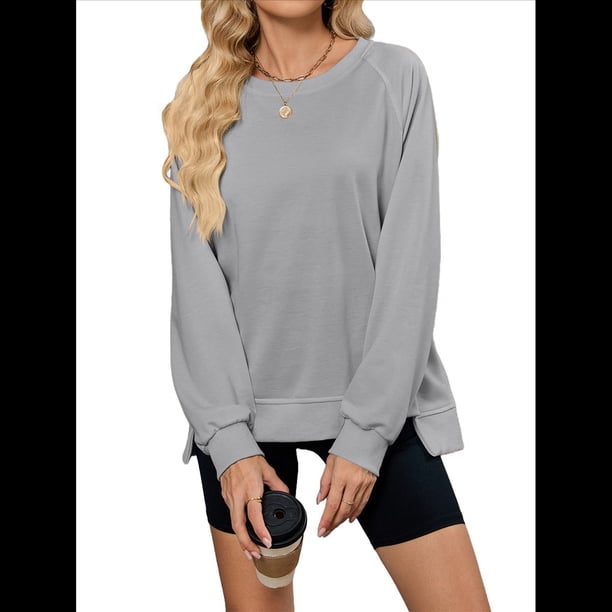 Sudadera Informal de Cuello Redondo para Mujer, Holgada, Suave y de Larga Gris M
