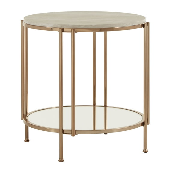 Weston Home Shaelyn Round End Table with Faux Marble Top and Mirror Shelf