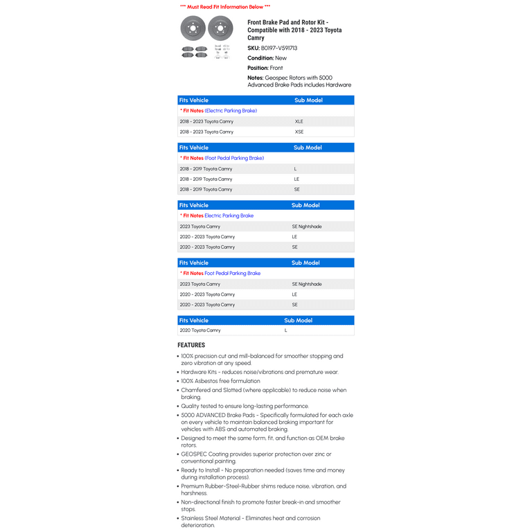 Kit Completo De Frenos Perforados Delanteros Y Traseros Para Toyota Camry, C-HR Y Otros (2018-2023)