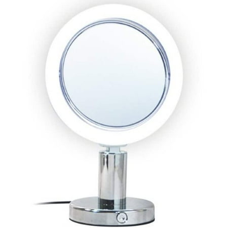 Long Body Mirror Metal Round 7x/1x Magnification Lighted Vanity Make up Mirror with Bright White LED, Trumpet Base Design Body And Tiltable Head Chrome Finish -8.75