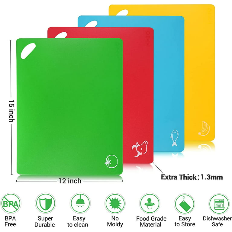 Extra Thick Flexible Plastic Cutting Board Mats, Set of 4, Color Coded with  Food Icons, Waffle Back Grip Underside by Better Kitchen Products