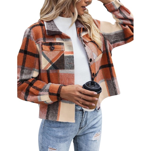 Chaqueta de otoño a cuadros de franela corta para mujer, modelo Zeagoo Shacket