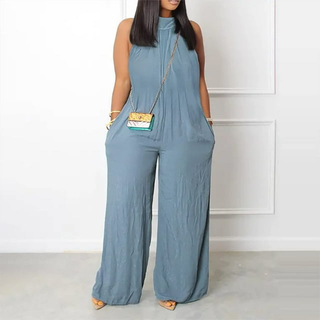 LSLJS Womens Casual Sleeveless Spaghetti Strap Loose Adjustable Jumpsuits Stretchy Long Pants Romper with Pockets