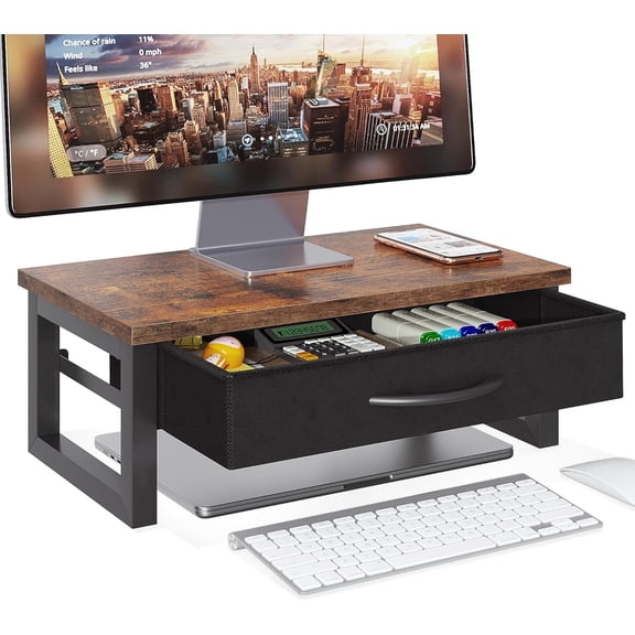 Computer Monitor Stand Riser with Drawer, 2-Tier Desk Accessories & Workspace Organizers, Laptop Stand for Desk with Storage, Office Organization, Wood