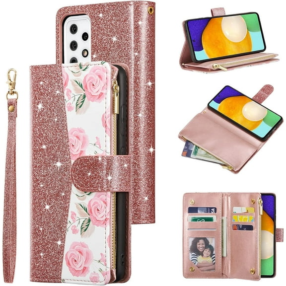 Wallet Case for Samsung Galaxy A52 4G/5G A52S 5G, Glitter PU Leather Magnetic Handbag Zipper Pocket Case Kickstand Card Holder Slots Wrist Strap TPU Shockproof Flip Cover - Bling Rose Gold