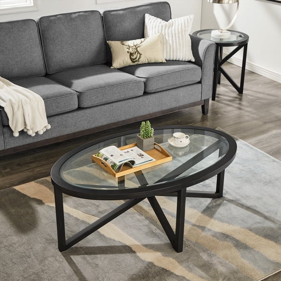 Modern Simple Glass Coffee Table | Tempered Glass & Solid Wood Base