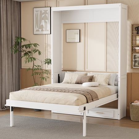 Euroco Full Size Murphy Bed with Drawers, Convertible Wall Bed with Storage for Bedroom, Beige
