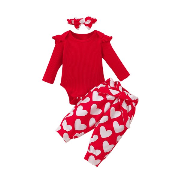 Licupiee Baby Girls Valentine's Day Outfit Ruffles Long Sleeves Romper and Heart Print Pants with Belt Headband Set Cute Clothes